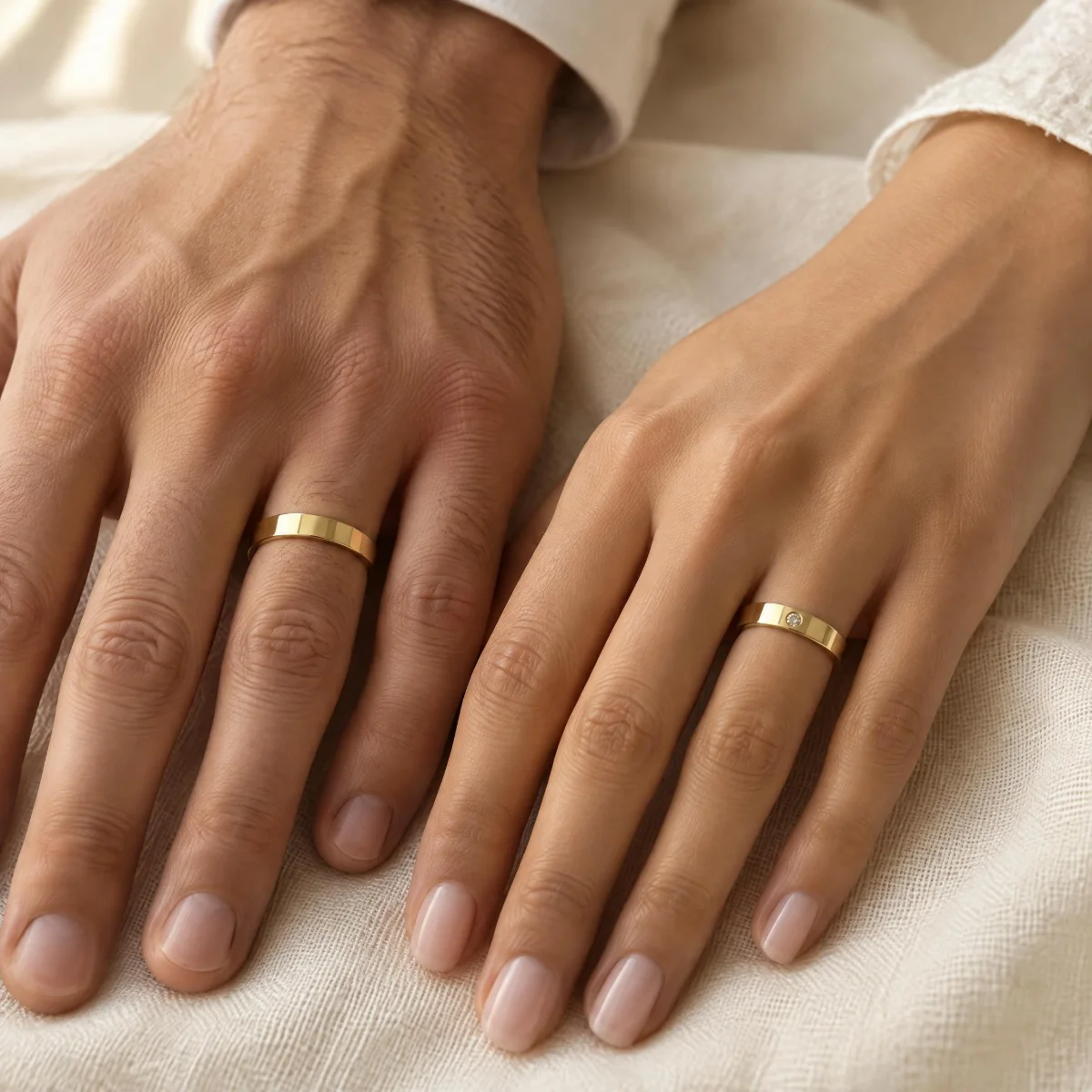Aliança de Ouro Reta Fina com Pedra, nas mãos de um casal