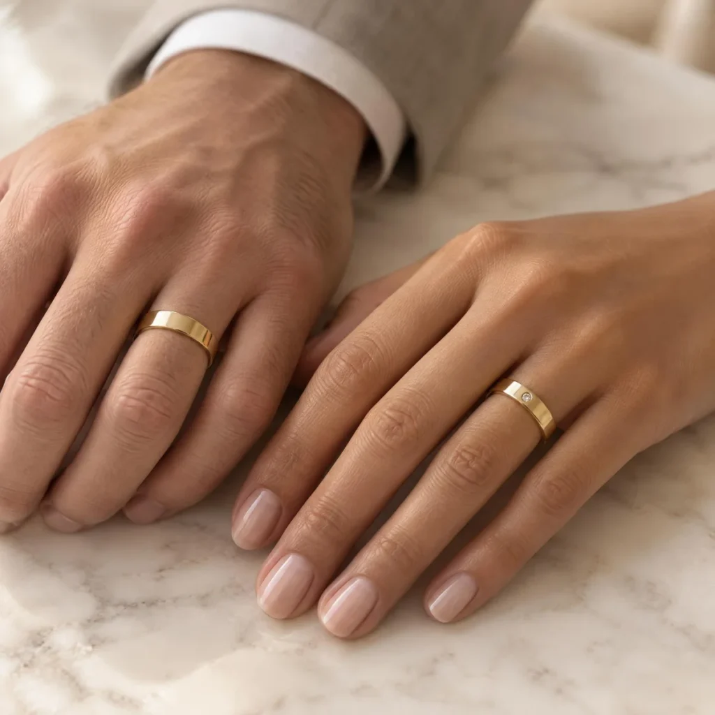 Aliança de Ouro Simples com Pedra, nas mãos de um casal