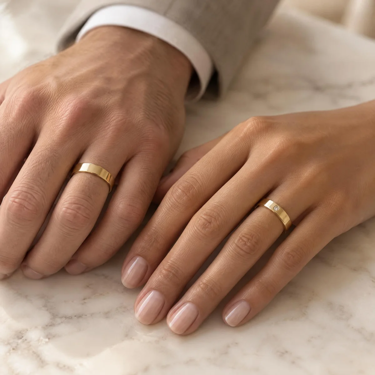 Aliança de Ouro Simples com Pedra, nas mãos de um casal