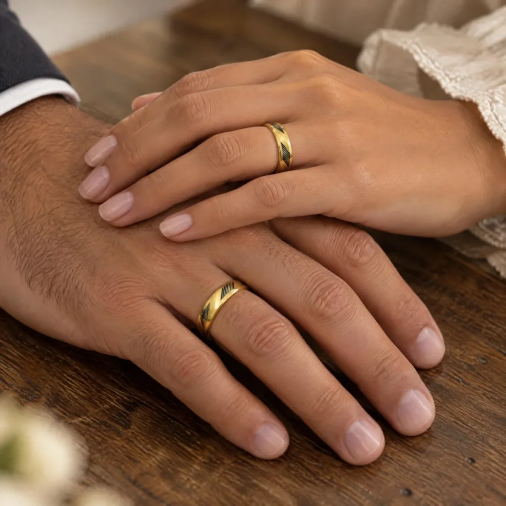 Aliança Diamantada em Listras em ouro 18k, nas mãos de um casal