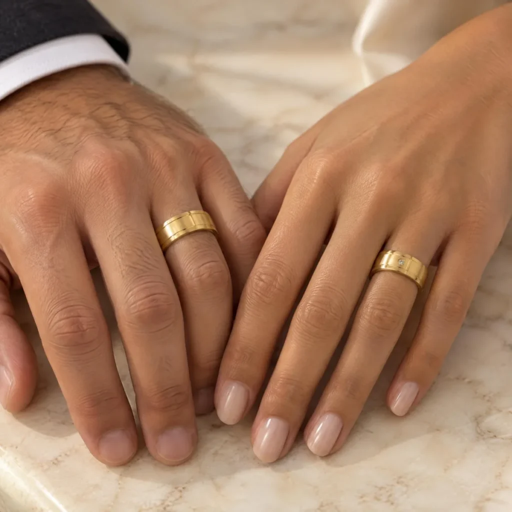 Aliança Fosca com Friso e Pedra em ouro 18k, nas mãos de um casal