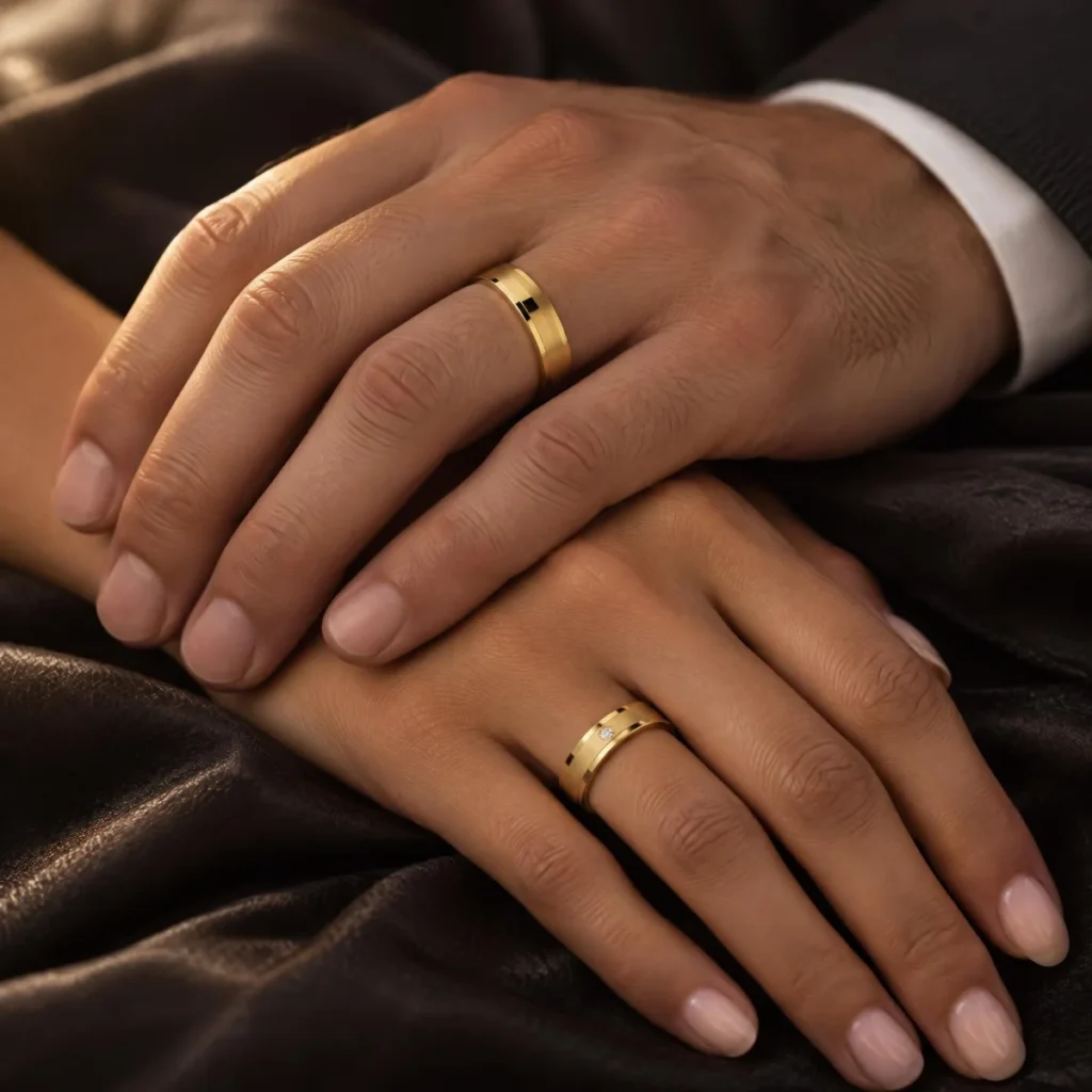 Aliança Fosca com Friso Polido e Pedra em ouro 18k, nas mãos de um casal