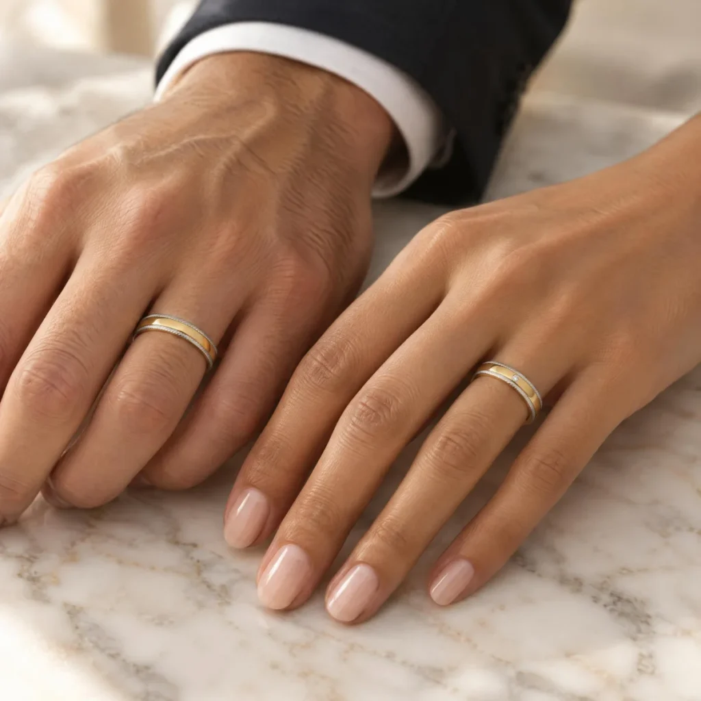 Aliança Ouro Branco e Amarelo com Bordas Trançadas, nas mãos de um casal