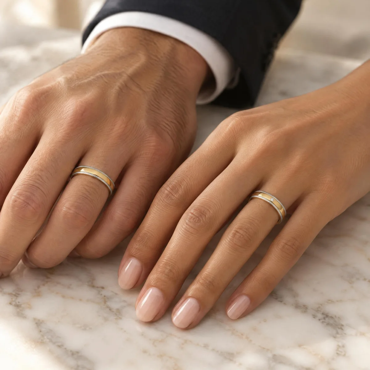Aliança Ouro Branco e Amarelo com Bordas Trançadas, nas mãos de um casal