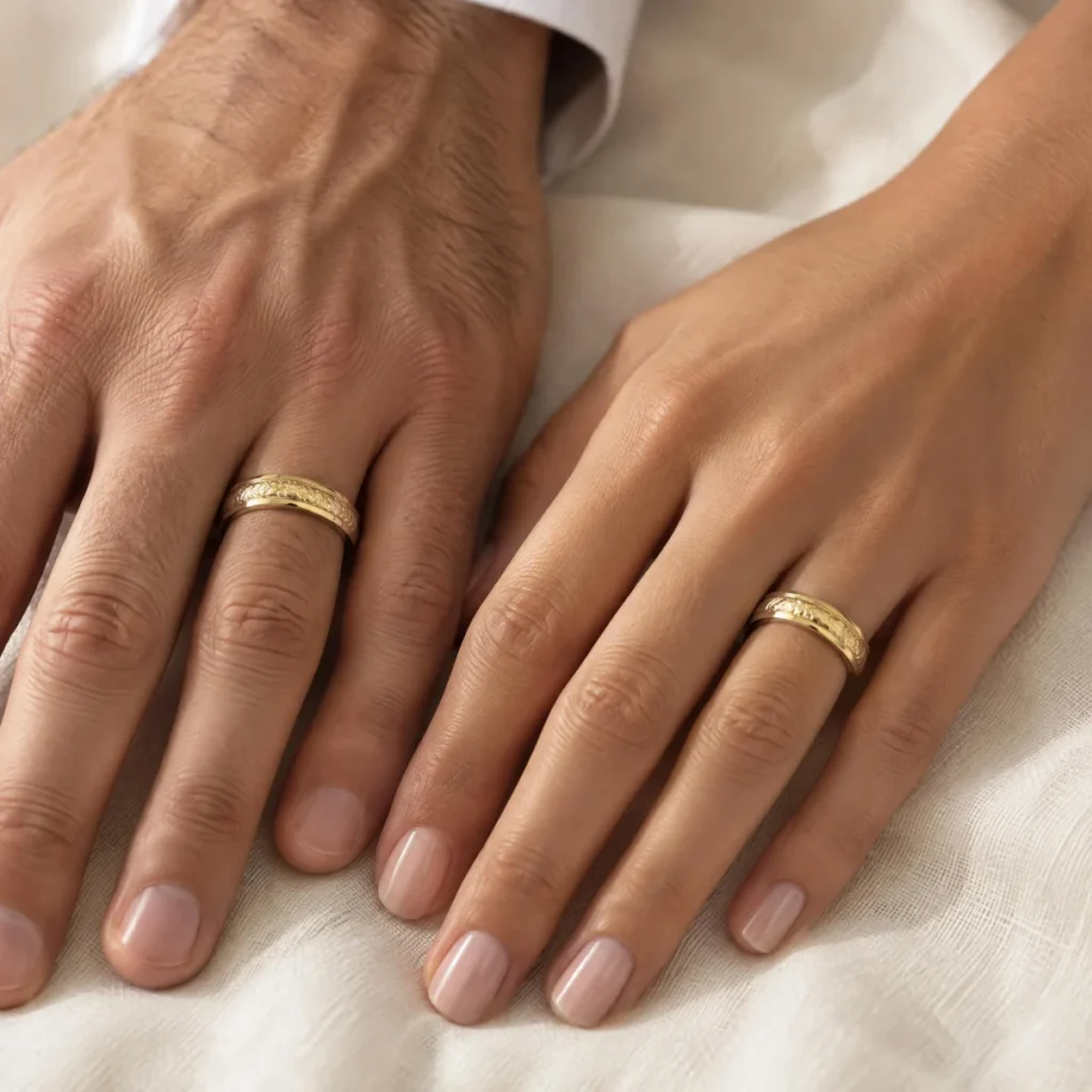 Aliança Ouro Branco e Amarelo Trabalhada, nas mãos de um casal