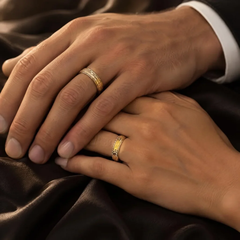 Aliança Trabalhada Bicolor com Bolinhas Vazadas em ouro 18k, nas mãos de um casal