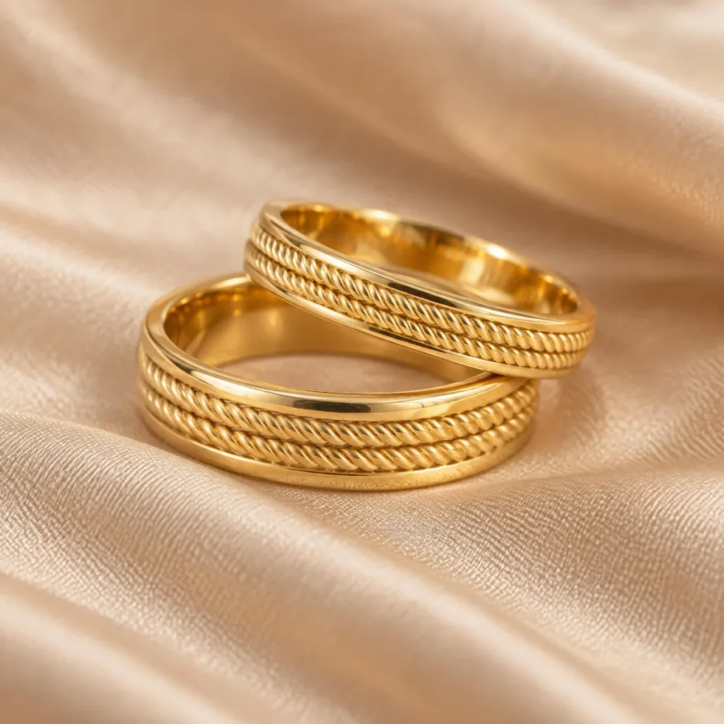 Aliança Trabalhada com Dois Frisos Cordão em ouro 18k, em foto de estúdio