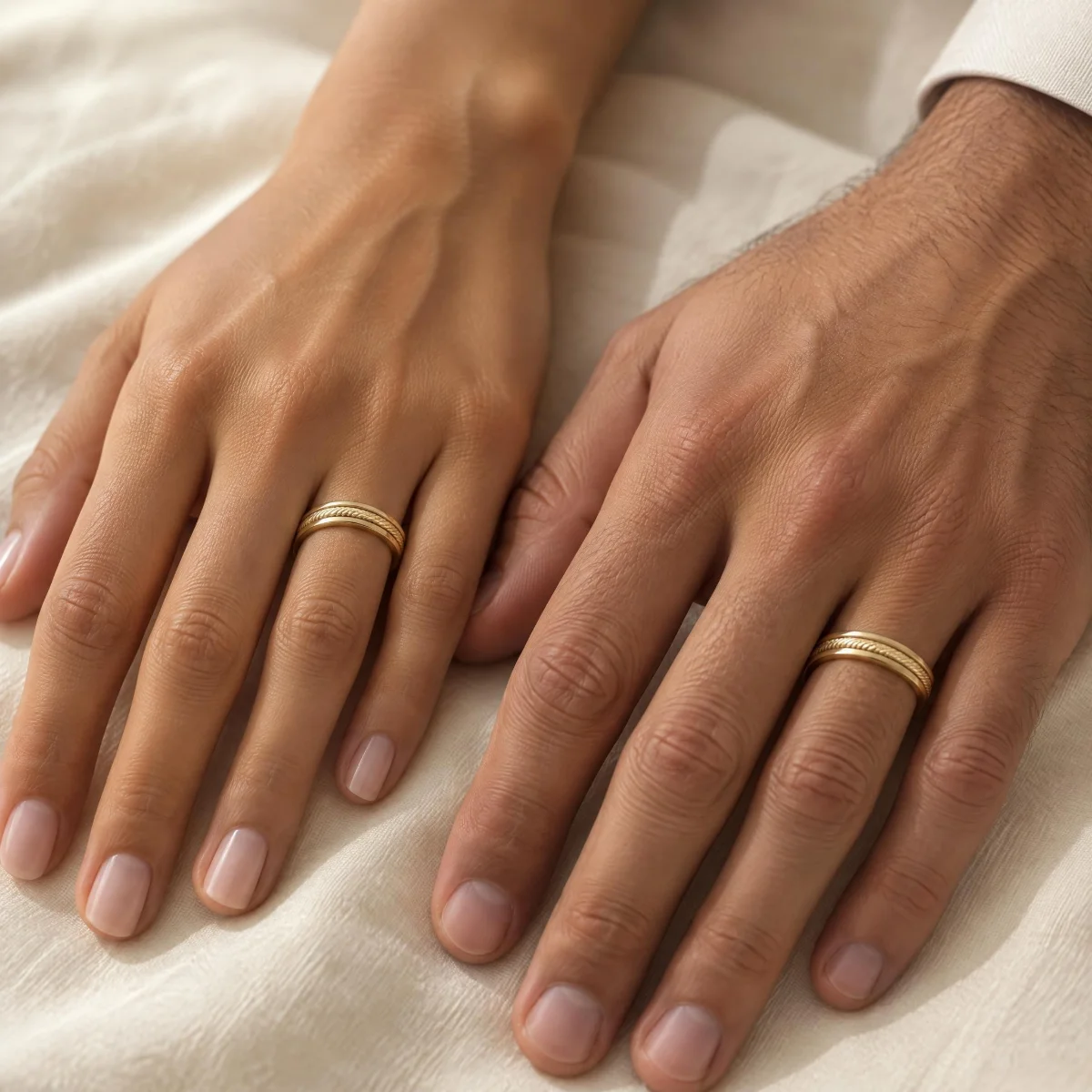 Aliança Trabalhada com Dois Frisos Cordão em ouro 18k, nas mãos de um casal