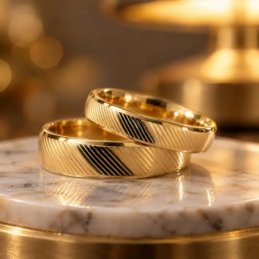 Aliança Trabalhada Diamantada em Listras em ouro 18k, em foto de estúdio