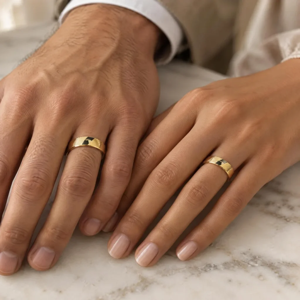 Aliança Trabalhada Diamantada em Listras em ouro 18k, nas mãos de um casal