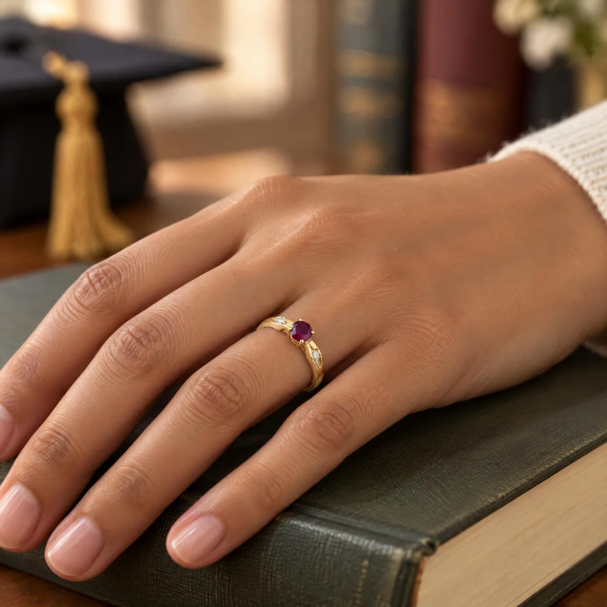 Anel de Formatura Ametista Ponto em ouro 18k, na mão de uma modelo