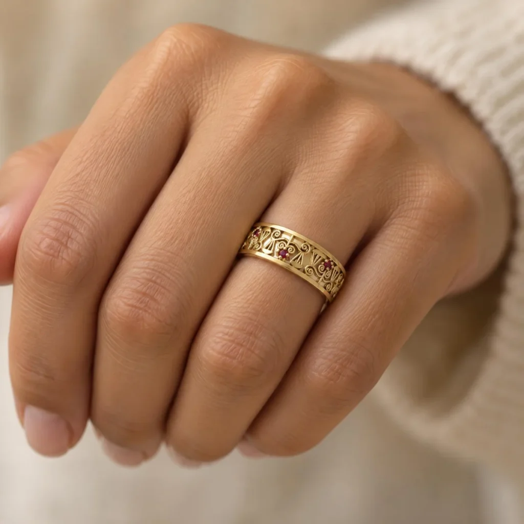 Anel de Formatura Arabesco em ouro 18k, na mão de uma modelo
