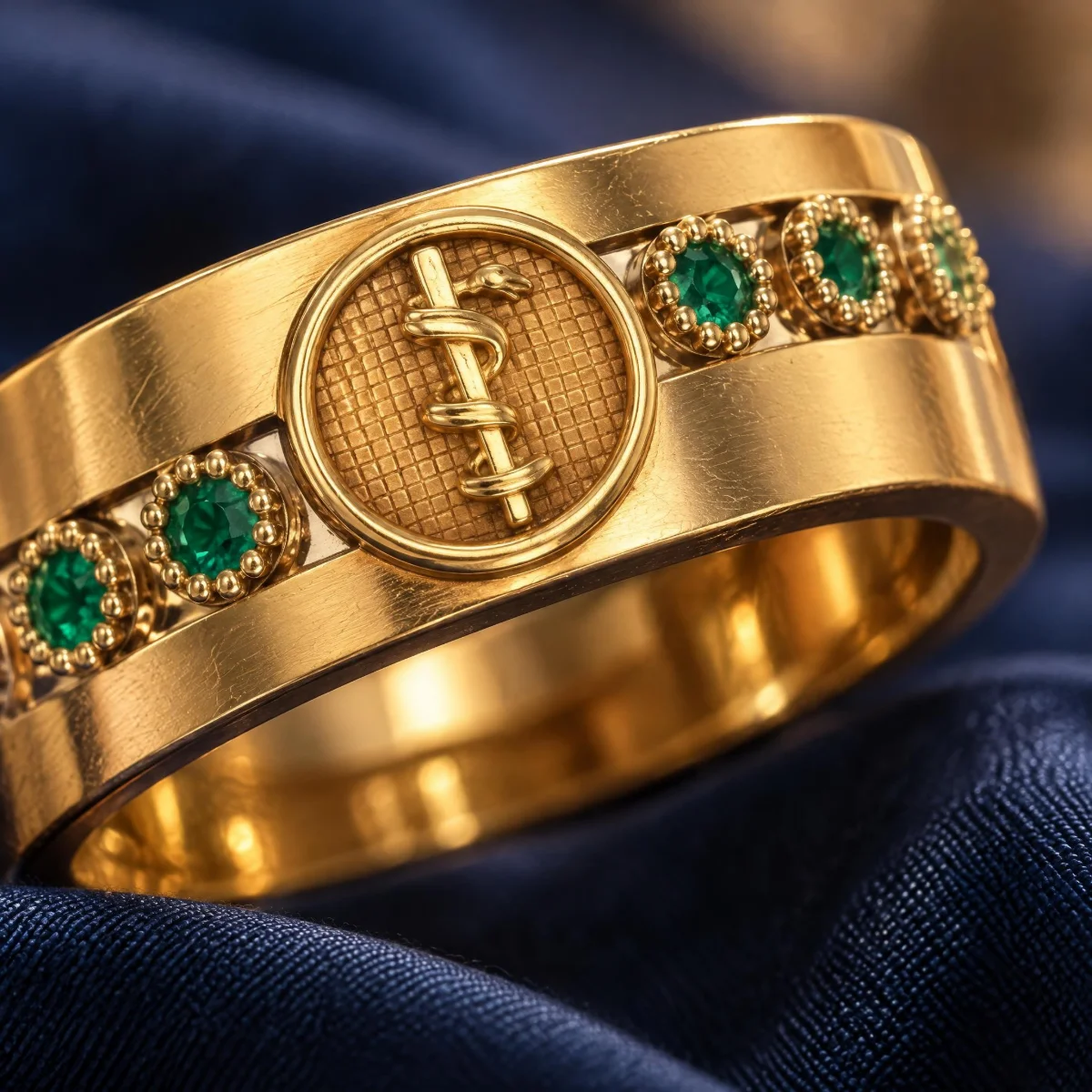 Anel de Formatura Caduceu Aliança em ouro 18k, em foto de estúdio