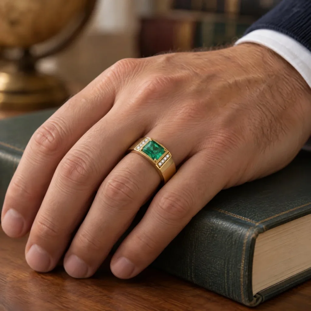 Anel de Formatura com Esmeralda Chanceler em ouro 18k, na mão de uma modelo
