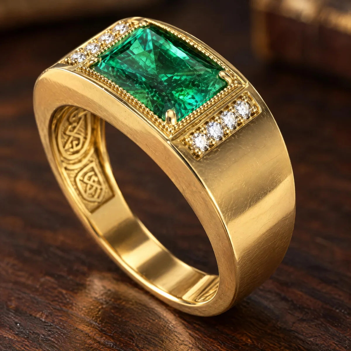 Anel de Formatura com Esmeralda Chanceler em ouro 18k, em foto de estúdio