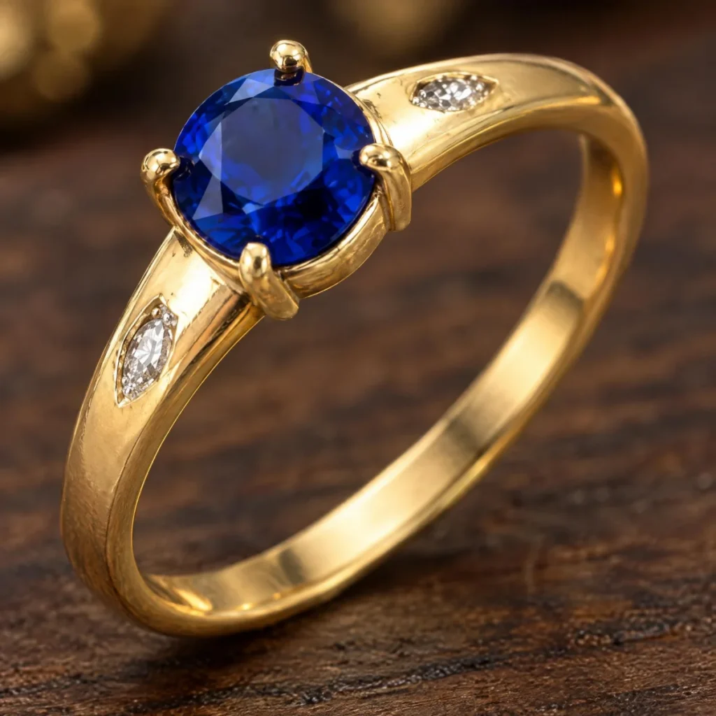Anel de Formatura com Pedra Azul Safira Redonda em ouro 18k, em foto de estúdio