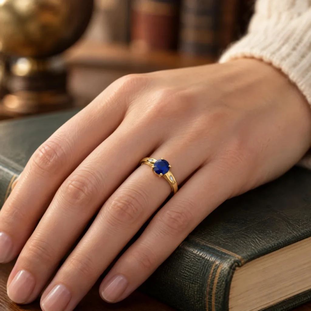 Anel de Formatura com Pedra Azul Safira Redonda em ouro 18k, na mão de uma modelo