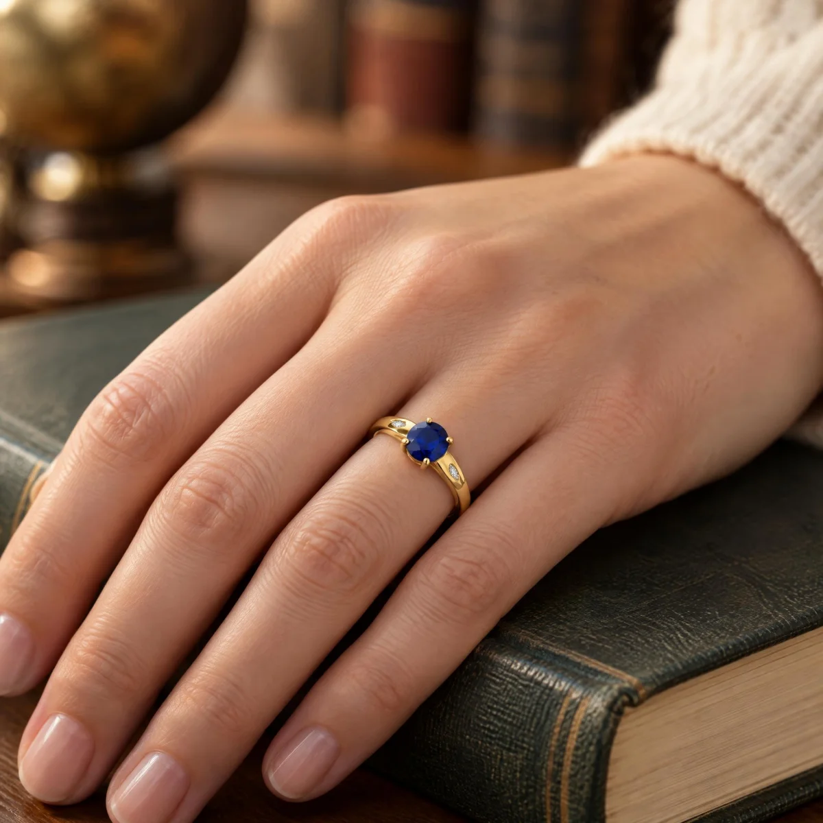 Anel de Formatura com Pedra Azul Safira Redonda em ouro 18k, na mão de uma modelo