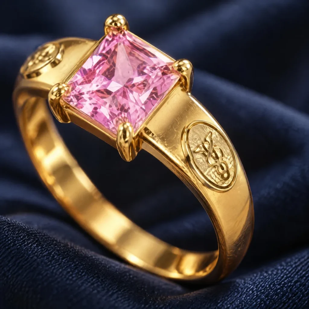 Anel de Formatura com Pedra Verde Quadrada em ouro 18k, em foto de estúdio