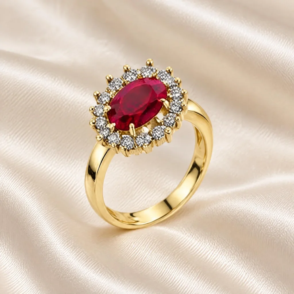 Anel de Formatura com Pedra Vermelha Rubi Real em ouro 18k, em foto de estúdio