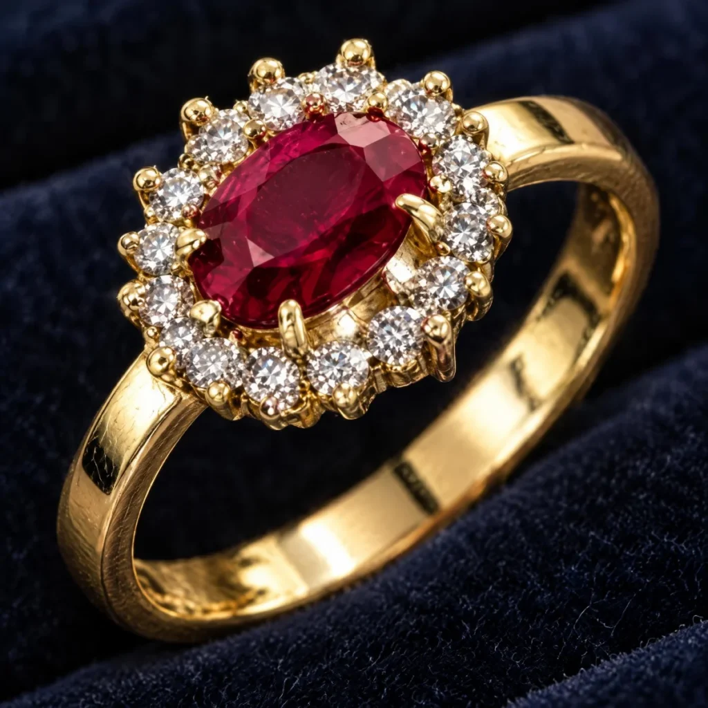 Anel de Formatura com Pedra Vermelha Rubi Real em ouro 18k, em composição de cena