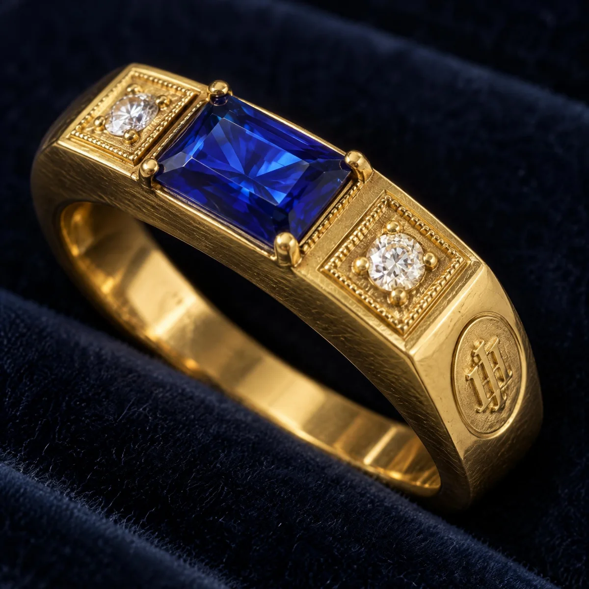 Anel de Formatura com Safira Bastão em ouro 18k, em foto de estúdio