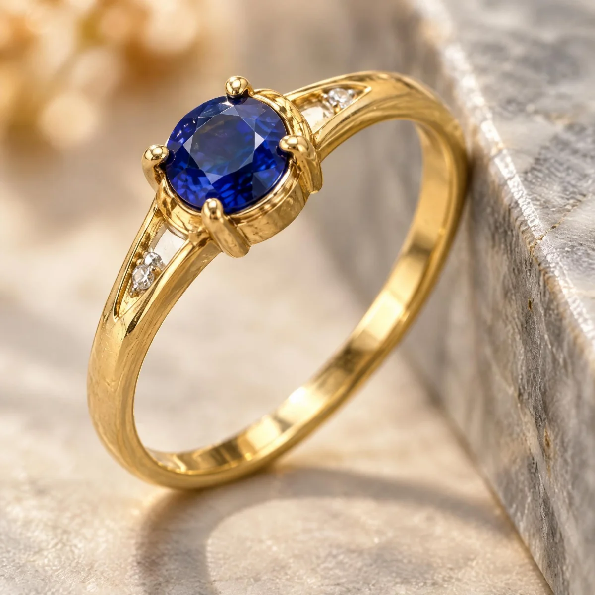 Anel de Formatura de Administração Feminino Safira em ouro 18k, em foto de estúdio