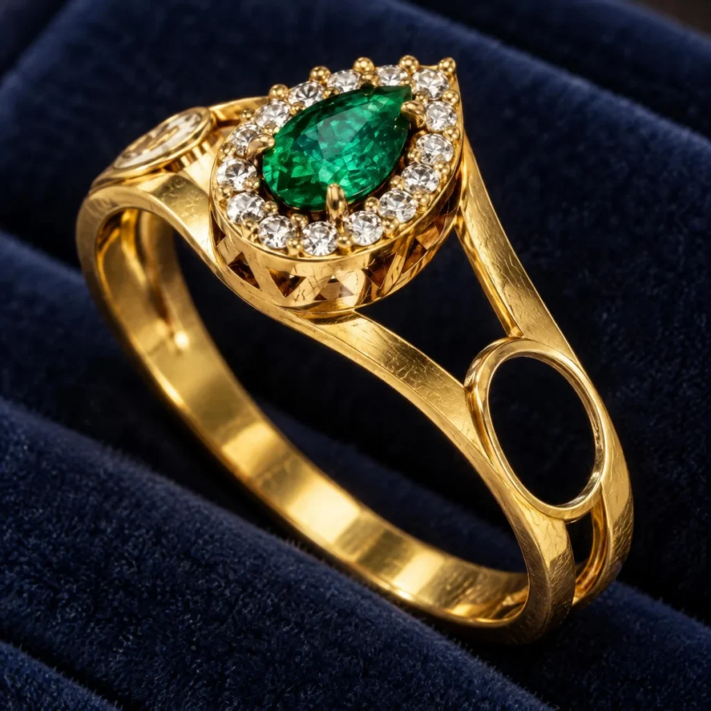 Anel de Formatura de Biomedicina Halo Duplo Esmeralda em ouro 18k, em foto de estúdio