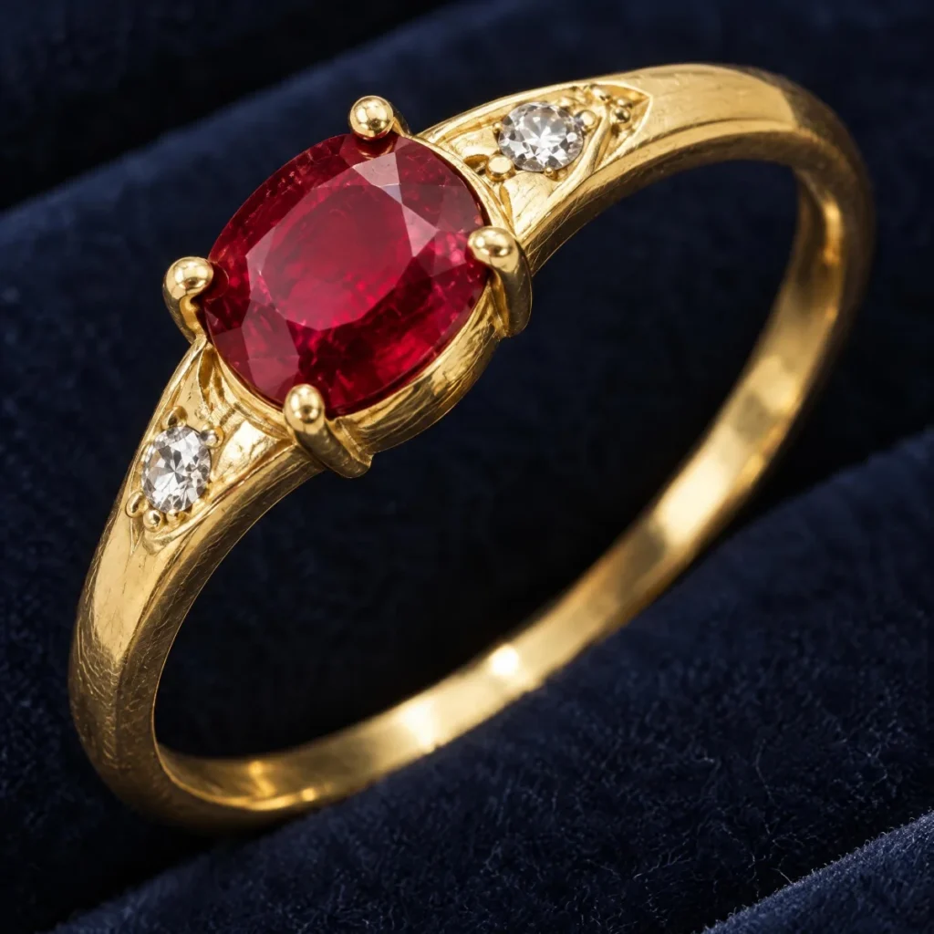 Anel de Formatura de Direito Feminino Rubi Discreto em ouro 18k, em foto de estúdio