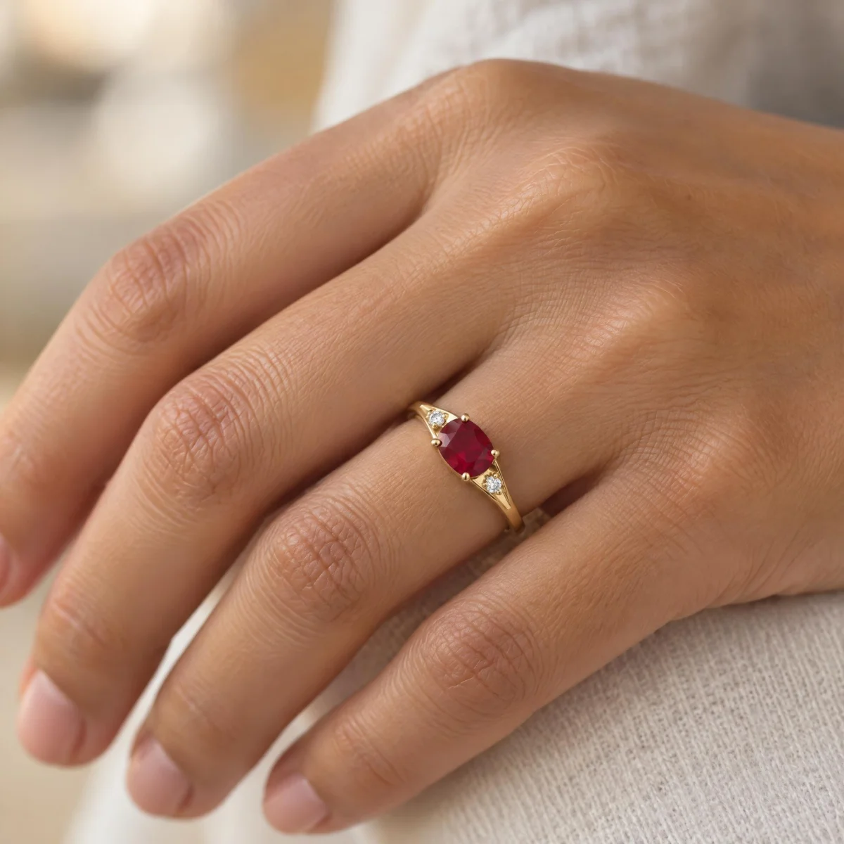 Anel de Formatura de Direito Feminino Rubi Discreto em ouro 18k, na mão de uma modelo