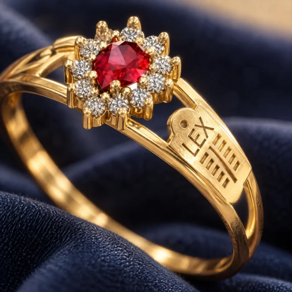 Anel de Formatura de Direito Lex Rubi em ouro 18k, em foto de estúdio