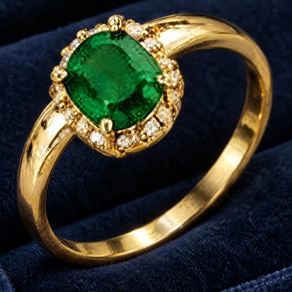 Anel de Formatura de Enfermagem Feminino Esmeralda em ouro 18k, em foto de estúdio