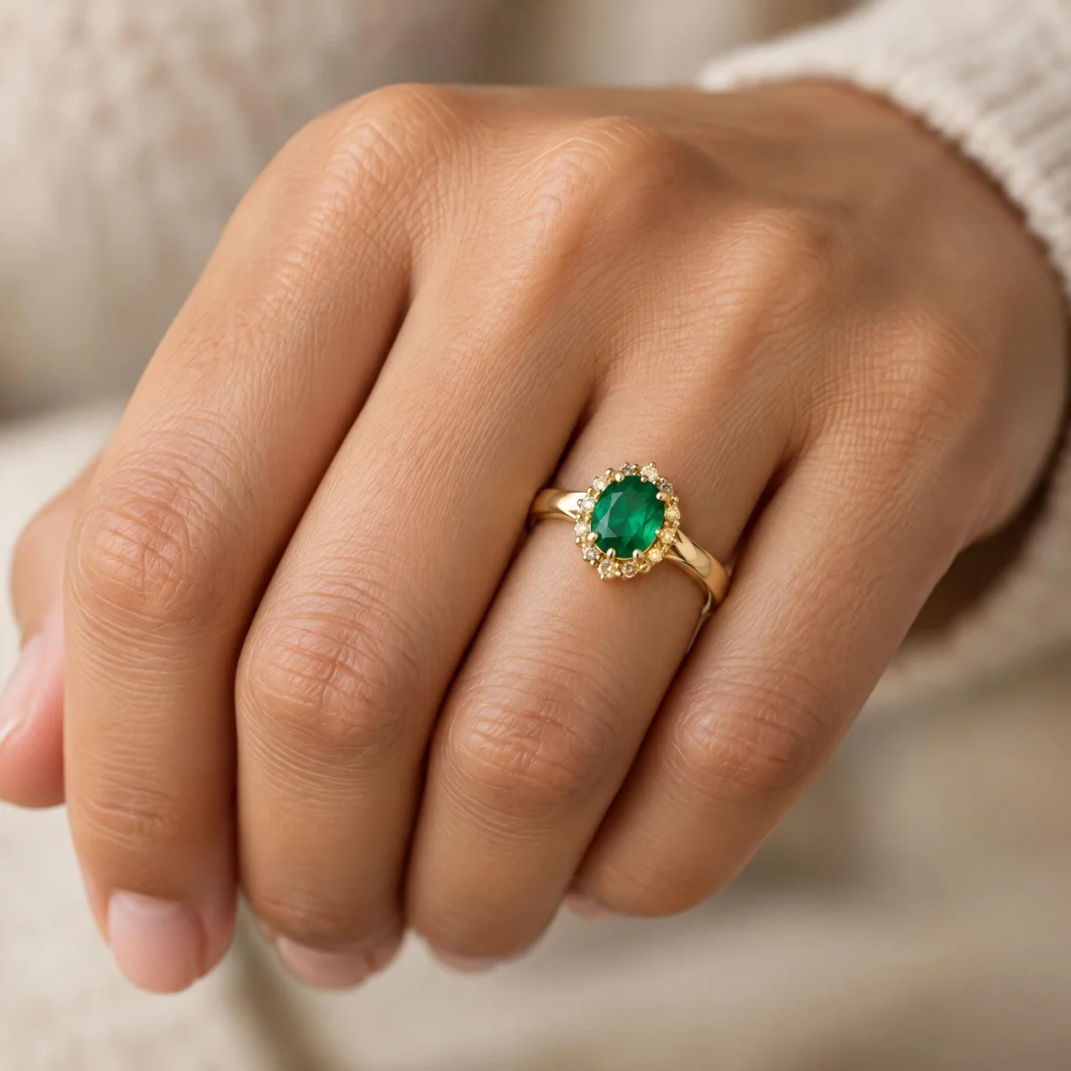 Anel de Formatura de Enfermagem Feminino Esmeralda em ouro 18k, na mão de uma modelo