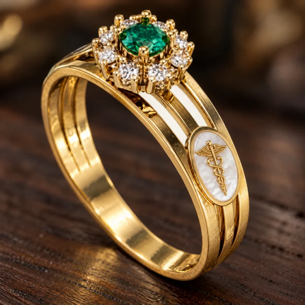 Anel de Formatura de Enfermagem Flor Esmeralda em ouro 18k, em foto de estúdio