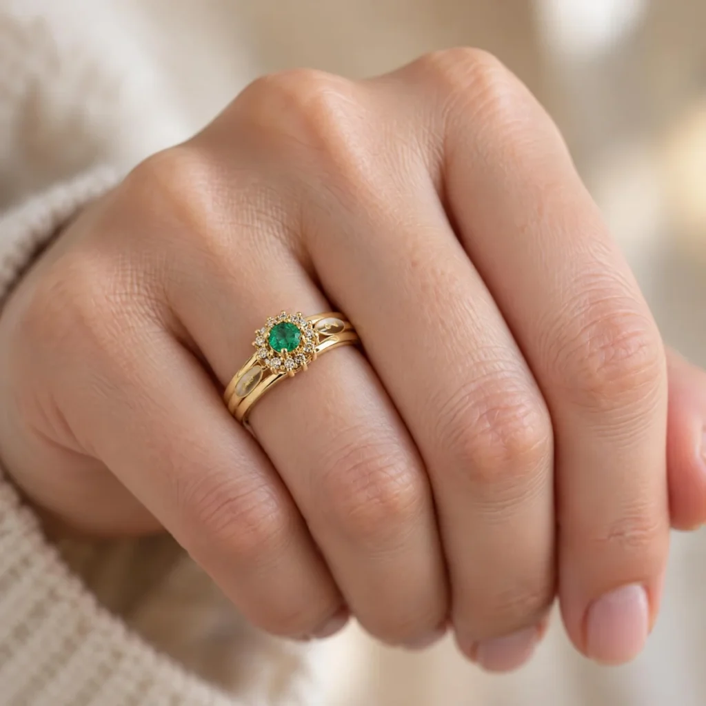 Anel de Formatura de Enfermagem Flor Esmeralda em ouro 18k, na mão de uma modelo