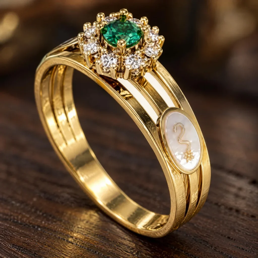 Anel de Formatura de Enfermagem Flor Esmeralda em ouro 18k, em composição de cena