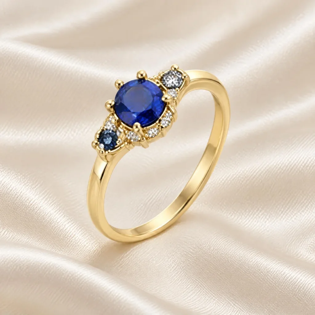 Anel de Formatura de Engenharia Feminino Safira em ouro 18k, em foto de estúdio