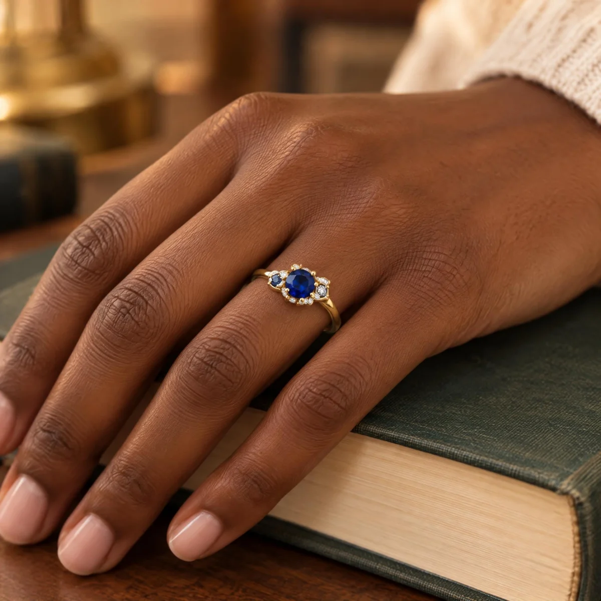 Anel de Formatura de Engenharia Feminino Safira em ouro 18k, na mão de uma modelo