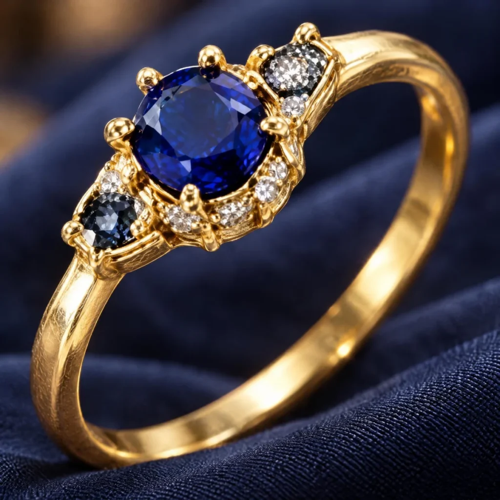 Anel de Formatura de Engenharia Feminino Safira em ouro 18k, em composição de cena