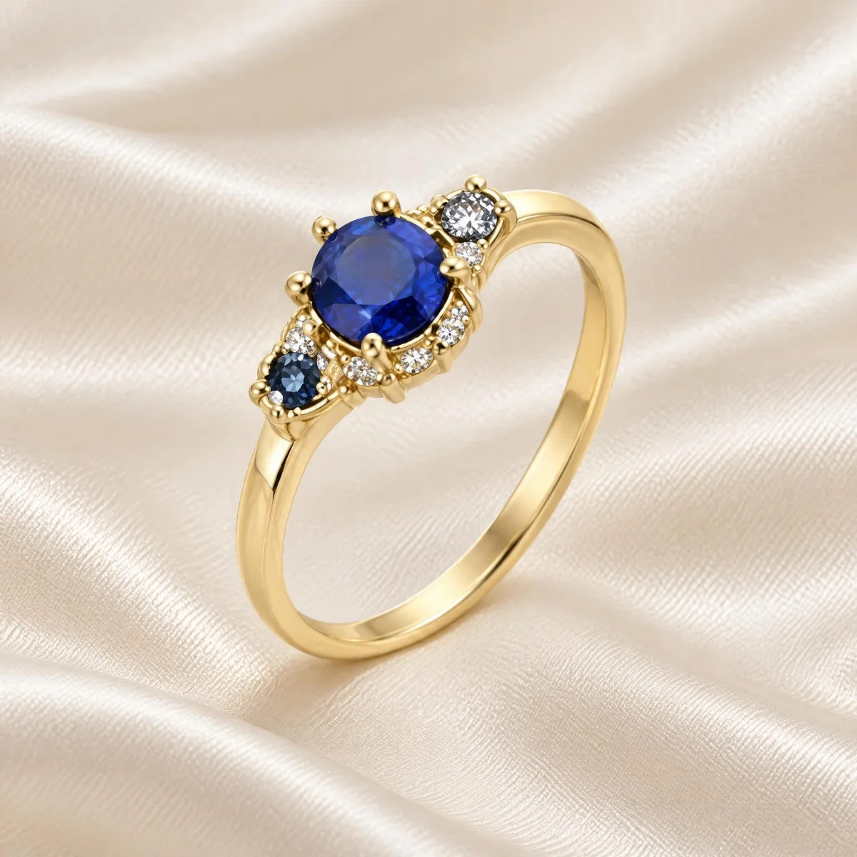 Anel de Formatura de Engenharia Feminino Safira em ouro 18k, em foto de estúdio
