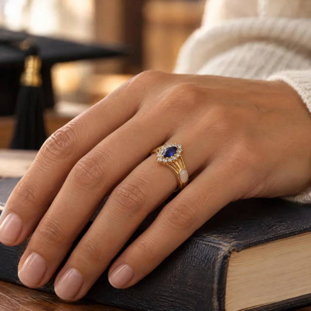 Anel de Formatura de Engenharia Safira Oval em ouro 18k, na mão, em outro ângulo