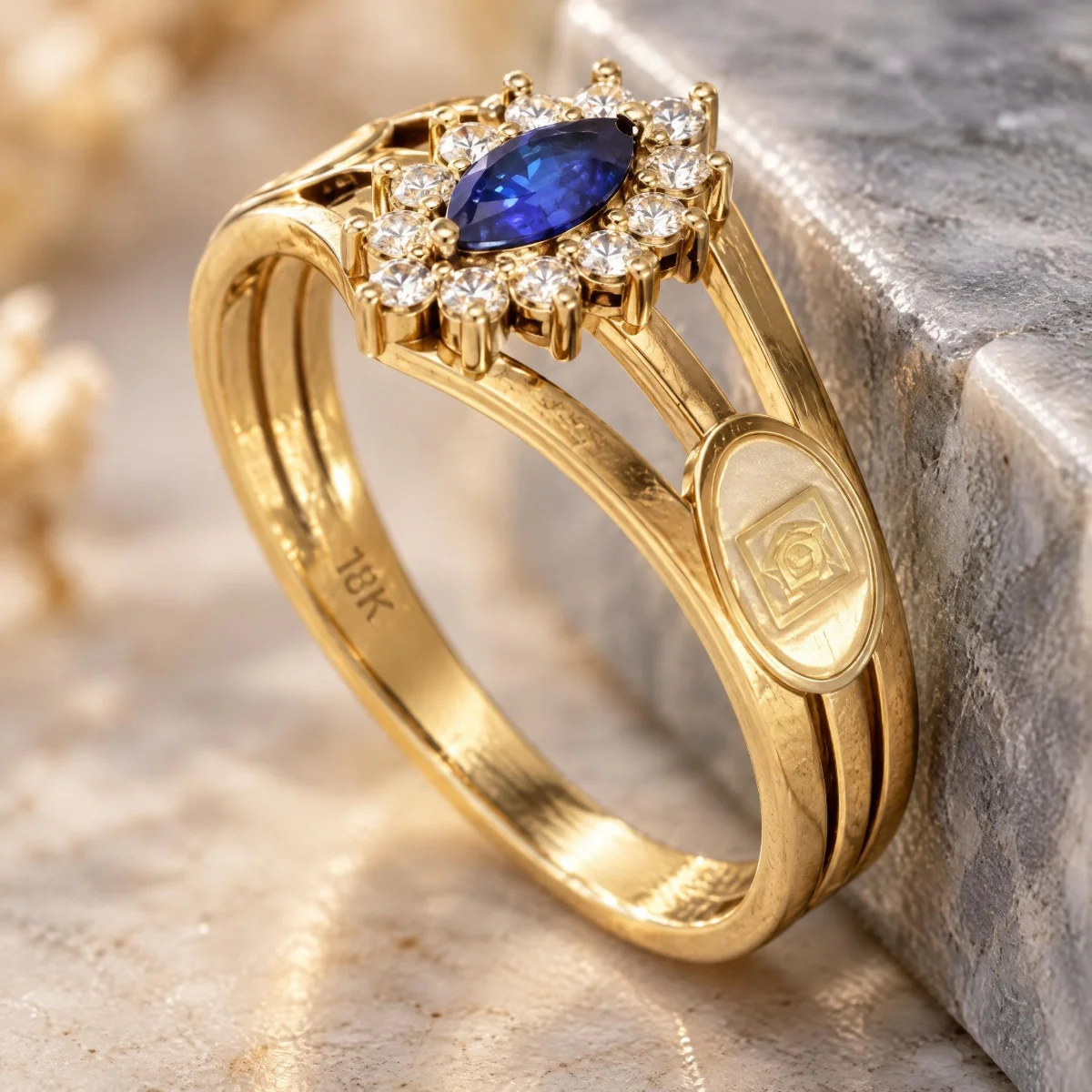 Anel de Formatura de Engenharia Safira Oval em ouro 18k, em foto de estúdio