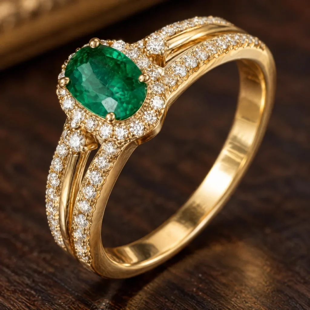 Anel de Formatura de Fisioterapia Esmeralda Aro Duplo em ouro 18k, em foto de estúdio