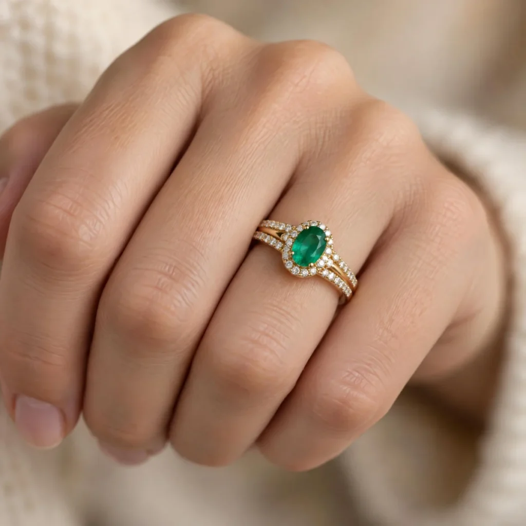 Anel de Formatura de Fisioterapia Esmeralda Aro Duplo em ouro 18k, na mão de uma modelo