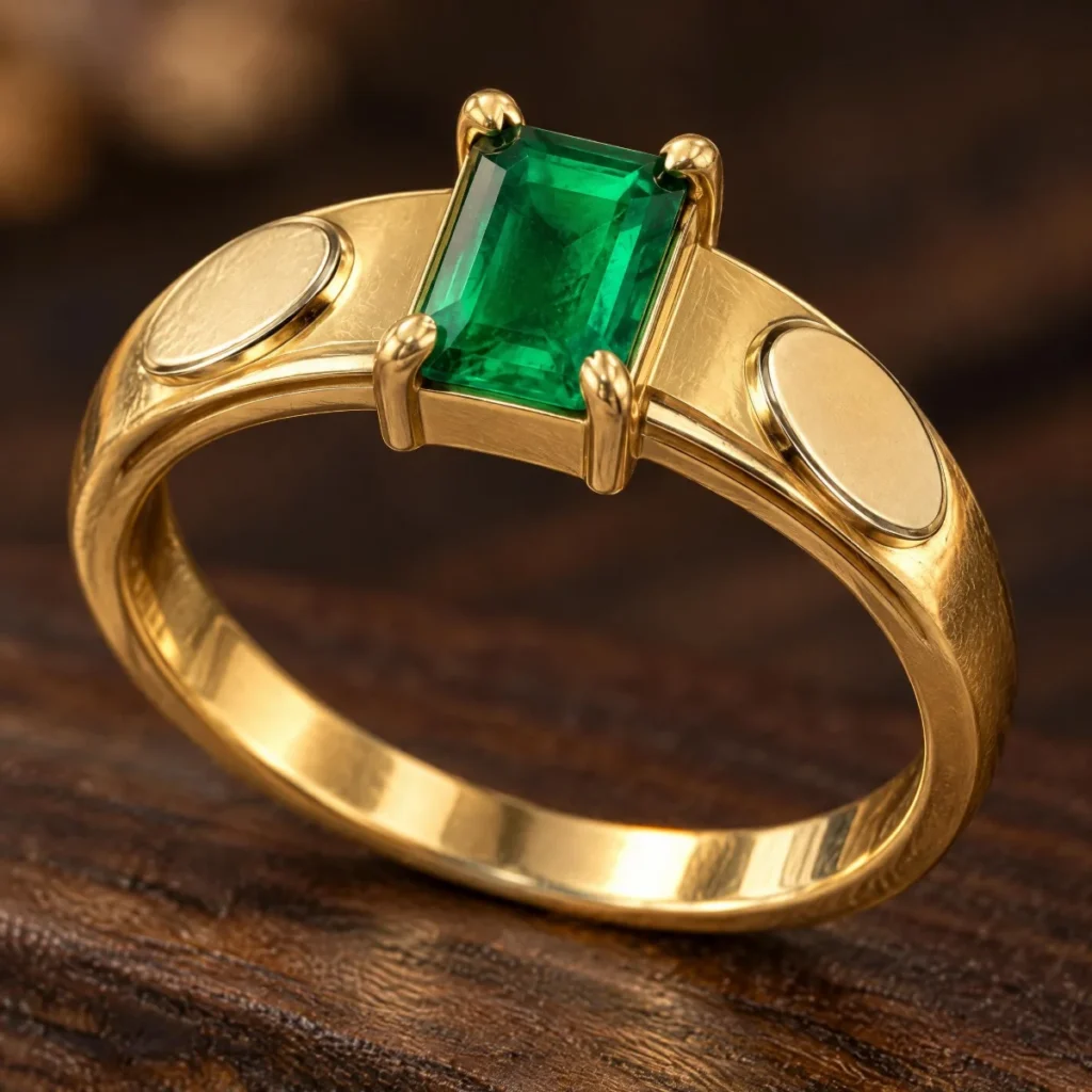Anel de Formatura de Medicina Esmeralda Serena em ouro 18k, em foto de estúdio