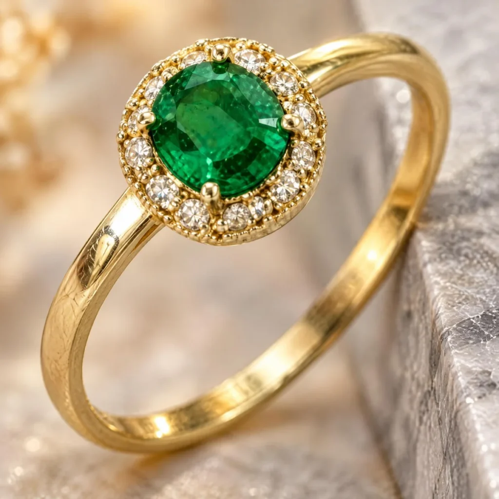 Anel de Formatura de Medicina Feminino Halo Esmeralda em ouro 18k, em foto de estúdio