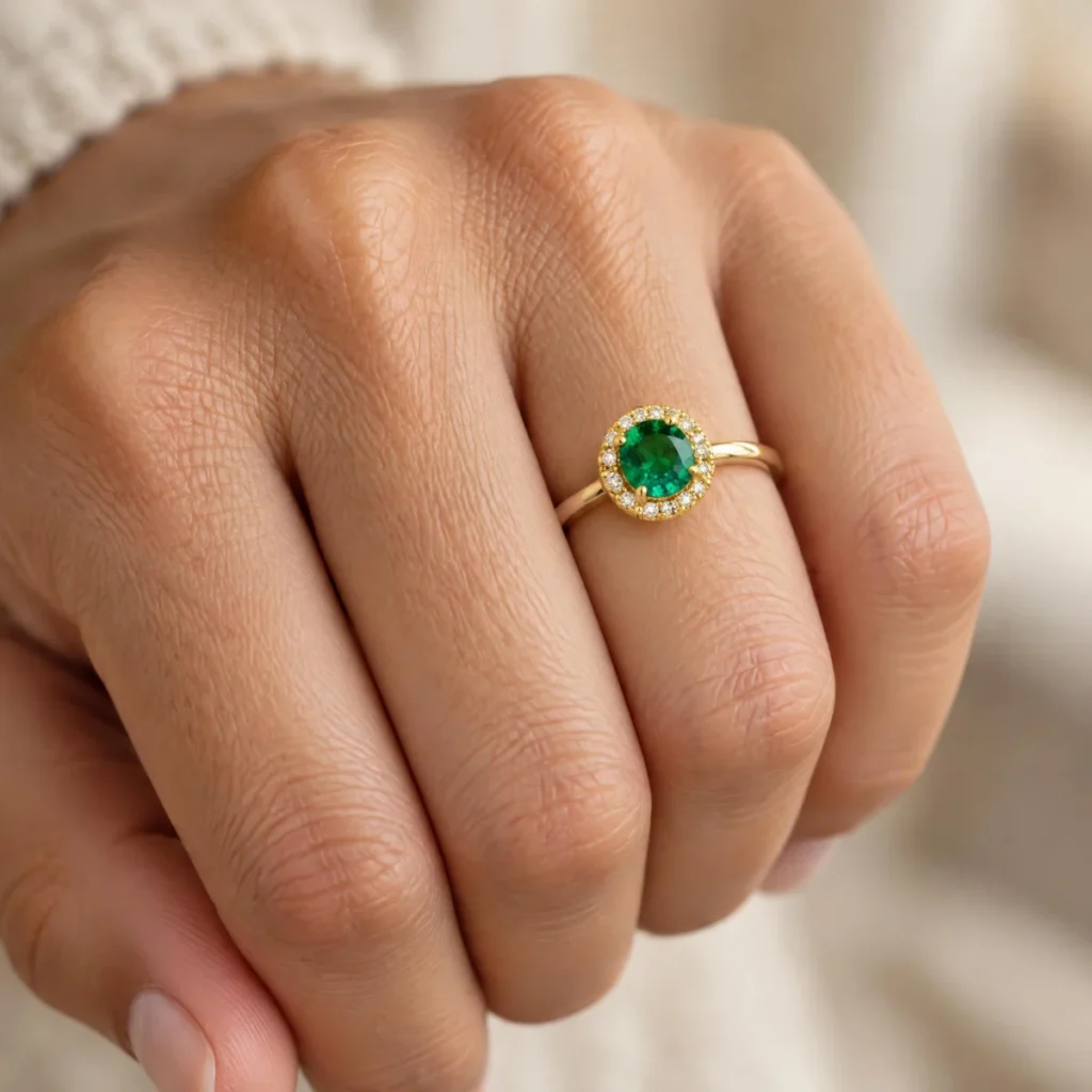 Anel de Formatura de Medicina Feminino Halo Esmeralda em ouro 18k, na mão de uma modelo