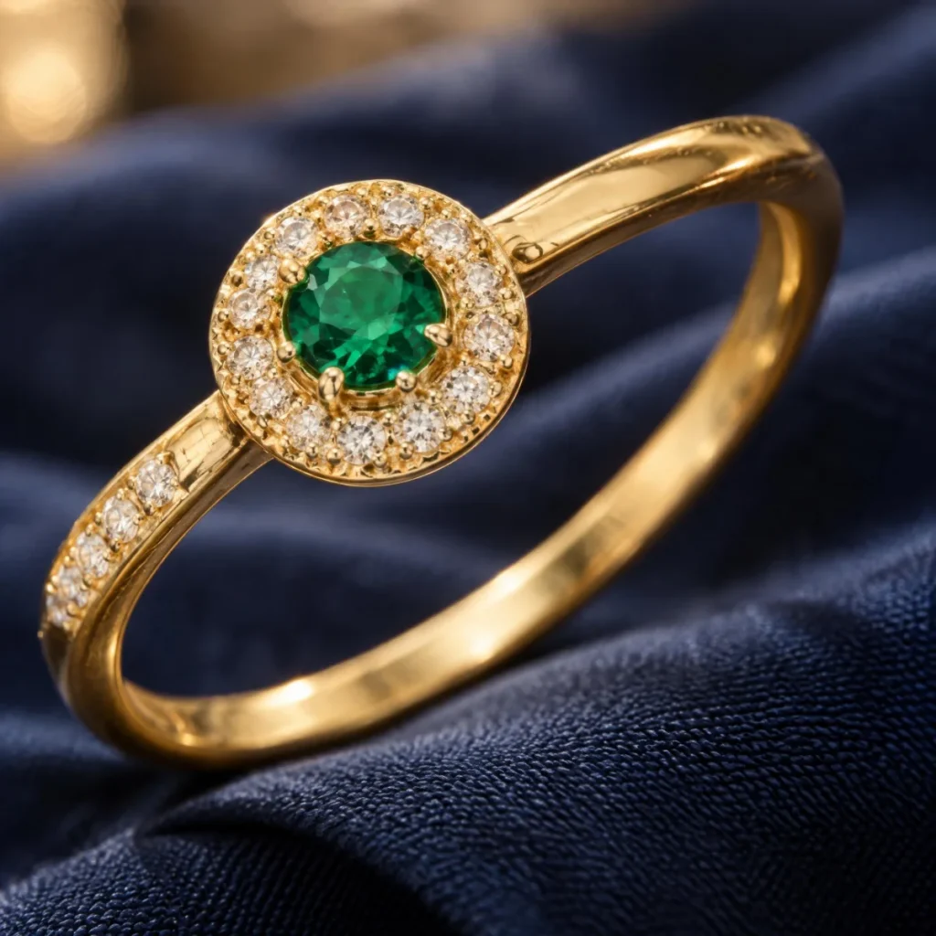 Anel de Formatura de Nutrição Círculo Esmeralda em ouro 18k, em foto de estúdio