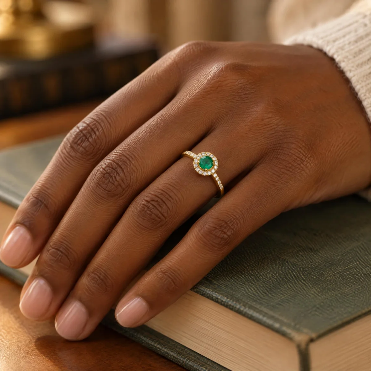 Anel de Formatura de Nutrição Círculo Esmeralda em ouro 18k, na mão de uma modelo