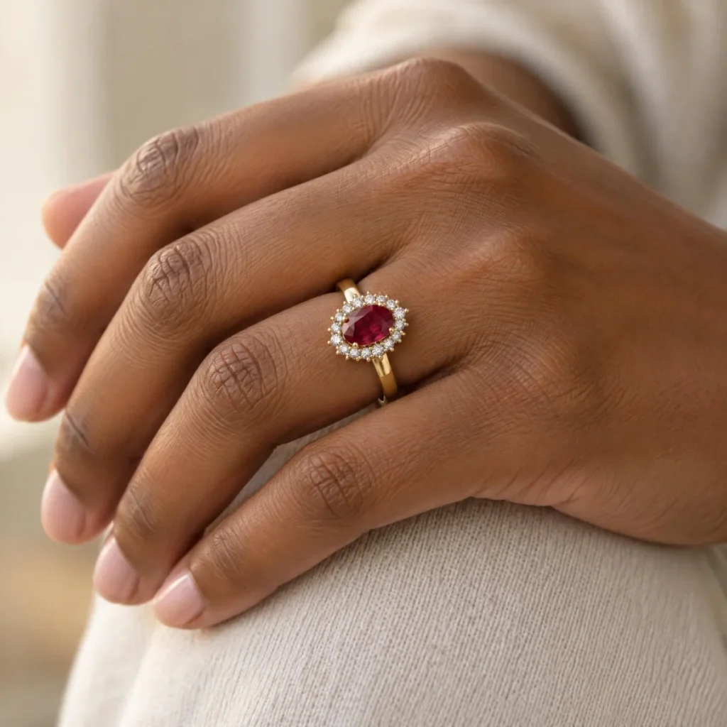 Anel de Formatura de Odontologia Feminino Moldura em ouro 18k, na mão de uma modelo